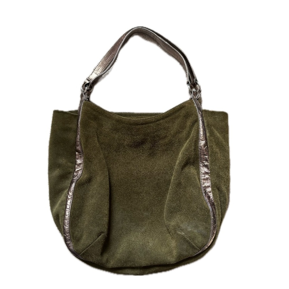 Y2K LORELEI slouchy suede leather bag in green & metallic pewter gold